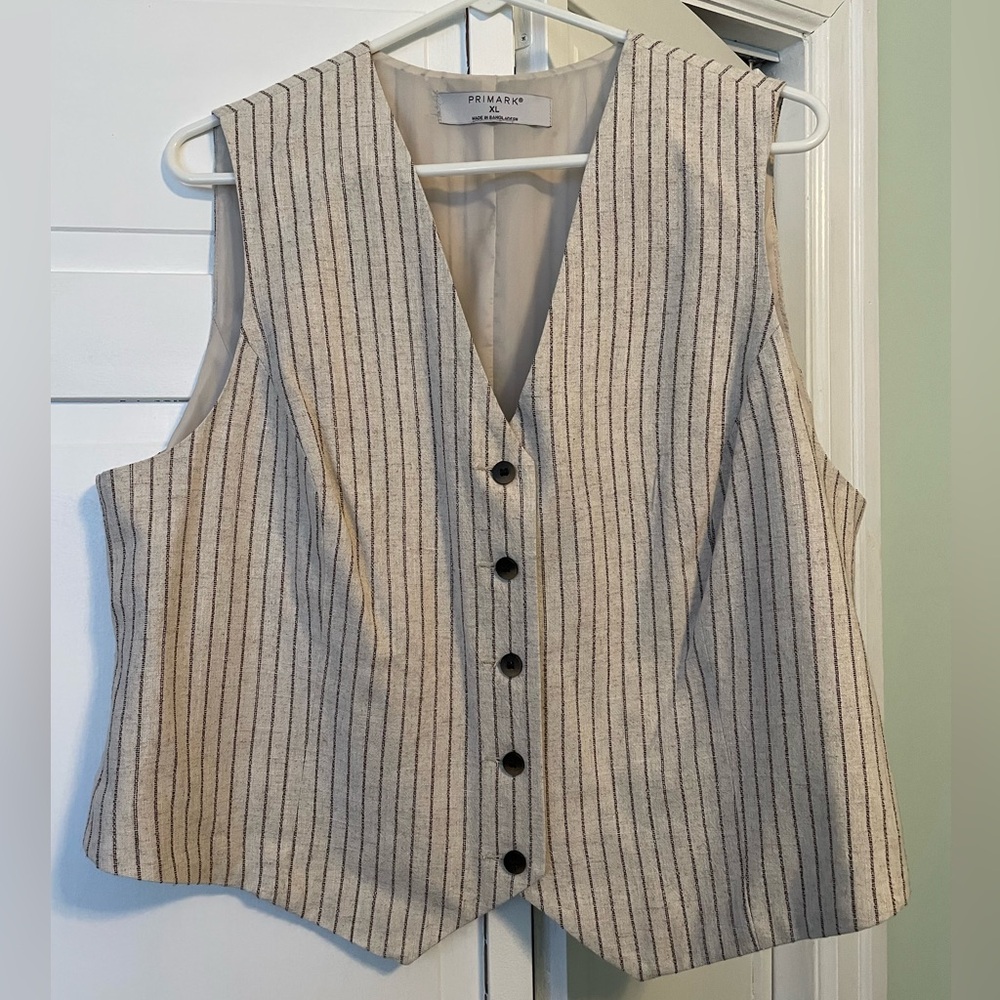 Beige and Black Striped Button Down Vest